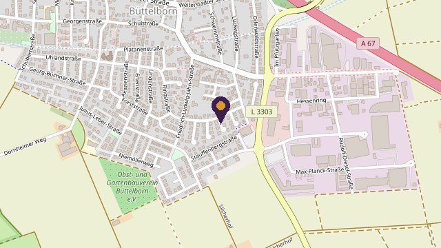 Kartenausschnitt: Kursort Kiefernweg 1a in Büttelborn — klicken für Google Maps